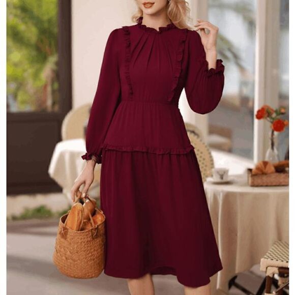NWT Modest Elegant Long Sleeve Retro Vintage Victorian Ruffle Red Midi Dress L - Picture 7 of 16